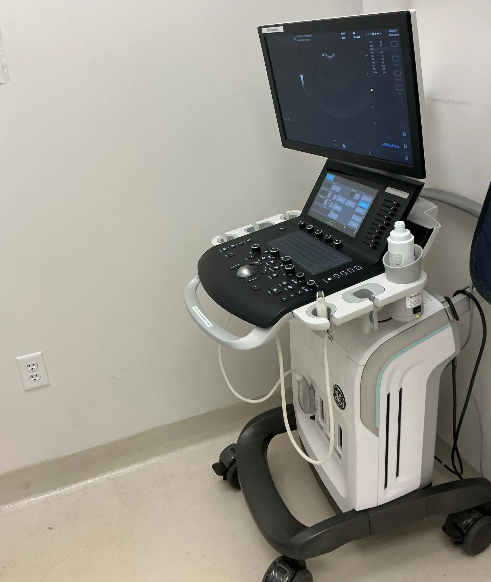 GE veterinary ultrasound machine in an exam room at Riverpark Pet Hospital